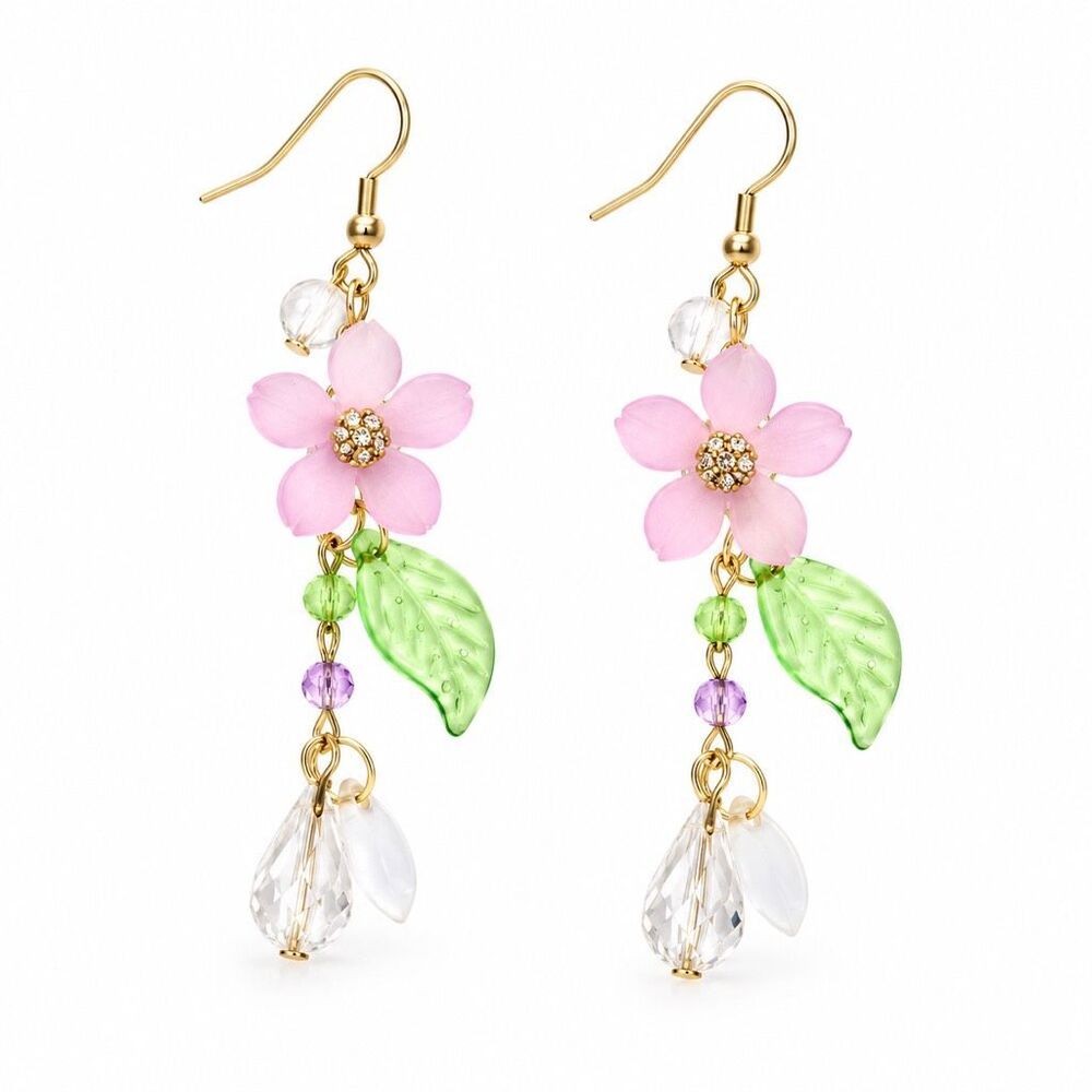 Purple Flower Green Leaf Crystal Teardrop Dangle Earrings